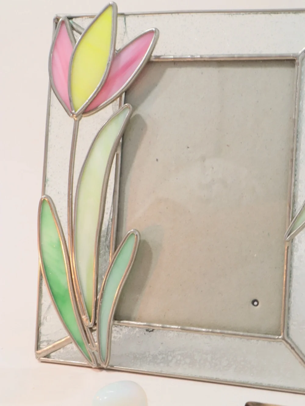 Handcrafted Stained Glass Tulip Picture Frame with Pink and yellow petals 6¾x8”